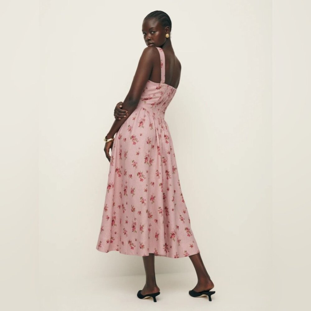 NWT Reformation Balia Linen Midi Dress in Tea Time Pink Floral | size 4 - Picture 4 of 15